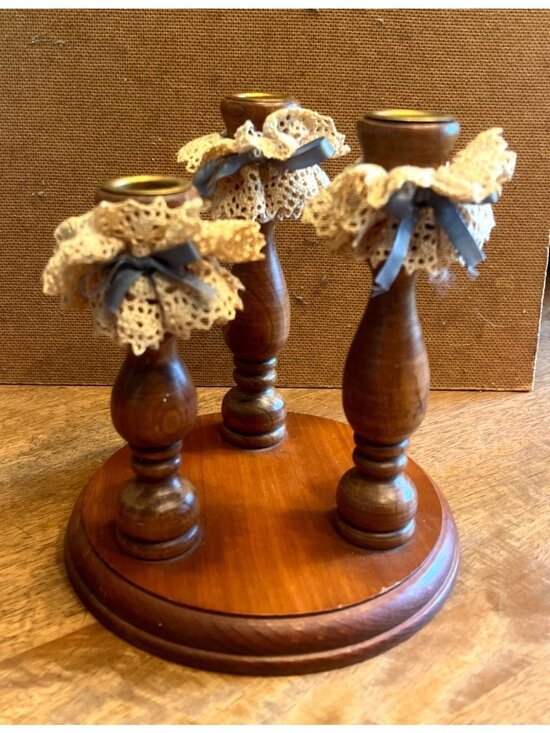 n/a Other - Vtg Wooden Triple Candlestick Holder Lace Doilies Blue Ribbon Accents Cottagecor